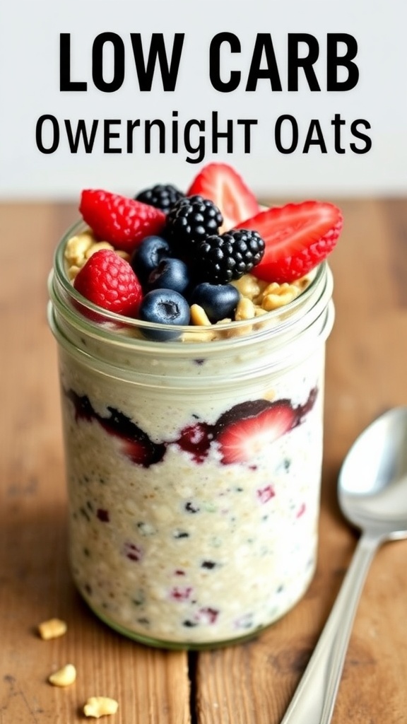 Healthy Low Carb Overnight Oats Recipe A jar of low carb overnight oats with berries and nuts on a rustic table.